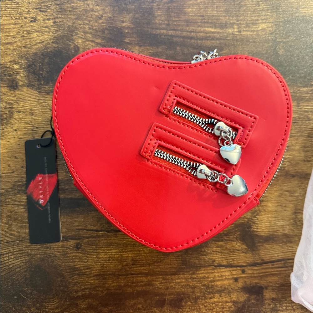 Red Heart-Shaped Bag with Zipper Details
